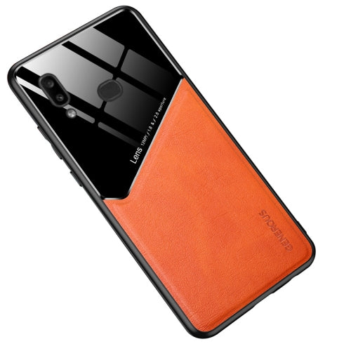 For Samsung Galaxy A20s All-inclusive Leather + Organic Glass Phone Case with Metal Iron Sheet(Orange)