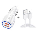 Qc3.0 Dual USB Car Charger + 8 Pin Fast Charging Line Car Charging Kit(White)