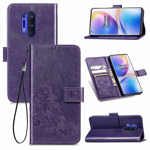For OnePlus 8 Pro Four-leaf Clasp Embossed Buckle PU Leather Case with Holder & Card Slots & Wallet & Hand Strap(Purple)
