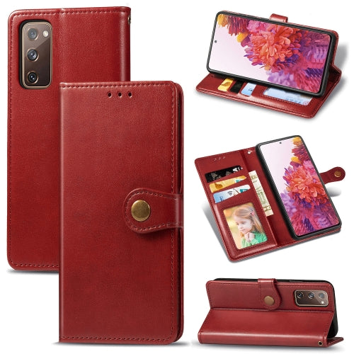 For Galaxy S20 FE(4G/5G) / S20 Lite Retro Solid Color Leather Buckle Phone Case with Lanyard & Photo Frame & Card Slot & Wallet & Stand Function(Red)