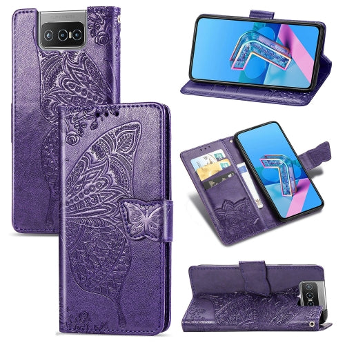 For Asus Zenfone 7 Pro ZS671KS Butterfly Love Flower Embossed Horizontal Flip Leather Case with Bracket / Card Slot / Wallet / Lanyard(Dark Purple)