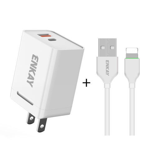 ENKAY Hat-Prince U033 18W 3A PD + QC3.0 Dual USB Fast Charging Power Adapter US Plug Portable Travel Charger With 1m 3A 8 Pin Cable