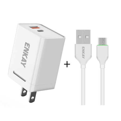 ENKAY Hat-Prince U033 18W 3A PD + QC3.0 Dual USB Fast Charging Power Adapter US Plug Portable Travel Charger With 1m 3A Micro USB Cable