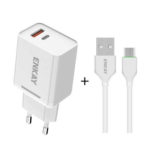 ENKAY Hat-Prince T030 18W 3A PD + QC3.0 Dual USB Fast Charging Power Adapter EU Plug Portable Travel Charger With 1m 3A Micro USB Cable