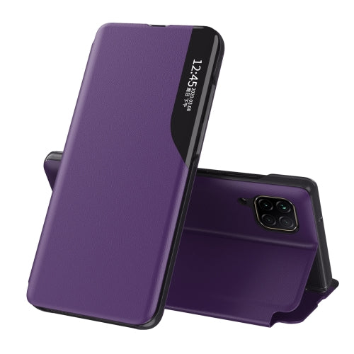 For Samsung Galaxy A12 Side Display Magnetic Shockproof Horizontal Flip Leather Case with Holder(Purple)