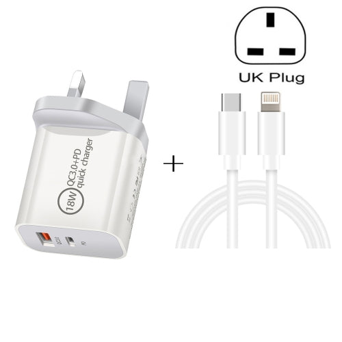 SDC-18W 18W PD + QC 3.0 USB Dual Fast Charging Universal Travel Charger with Type-C / USB-C to 8 Pin Fast Charging Data Cable, UK Plug