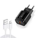 LZ-023 18W QC 3.0 USB Portable Travel Charger + 3A USB to 8 Pin Data Cable, EU Plug(Black)