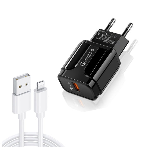 LZ-023 18W QC 3.0 USB Portable Travel Charger + 3A USB to 8 Pin Data Cable, EU Plug(Black)