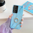 Four Corners Anti-Shattering Gold Marble IMD Phone Case with Metal Rhinestone Ring Holder For Samsung Galaxy Note20(Sky Blue LQ8)
