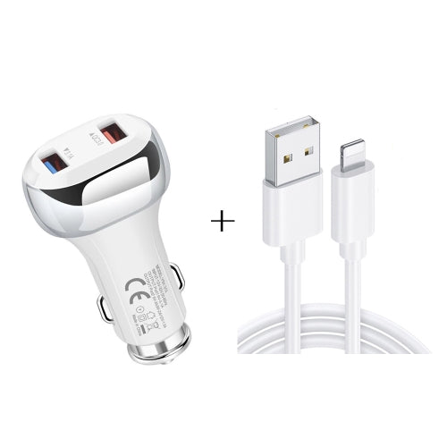 YSY-312 2 in 1 18W Portable QC3.0 Dual USB Car Charger + 1m 3A USB to 8 Pin Data Cable Set(White)