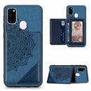 For Samsung Galaxy M21 Mandala Embossed Magnetic Cloth PU+TPU+PC Case with Holder & Card Slots & Wallet & Photo Frame(Blue)
