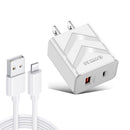 LZ-715 20W PD + QC 3.0 Dual Ports Fast Charging Travel Charger with USB to 8 Pin Data Cable, US Plug(White)