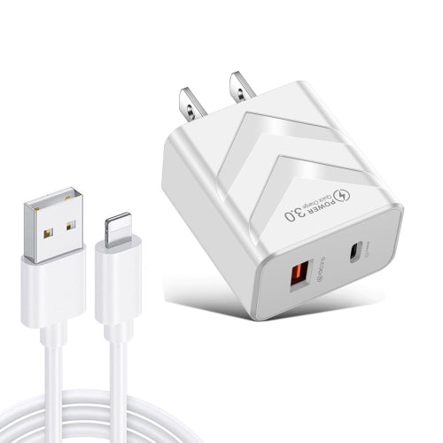 LZ-715 20W PD + QC 3.0 Dual Ports Fast Charging Travel Charger with USB to 8 Pin Data Cable, US Plug(White)