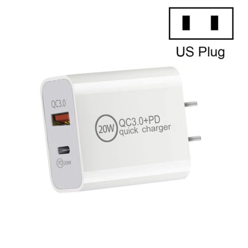 Dual Fast Charging 20W PD3.0+QC 3.0 Interface Travel Charger for iPhone, Huawei, Samsung, Xiaomi US Plug
