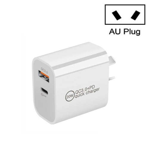 Dual Fast Charging 20W PD3.0+QC 3.0 Interface Travel Charger for iPhone, Huawei, Samsung, Xiaomi AU Plug