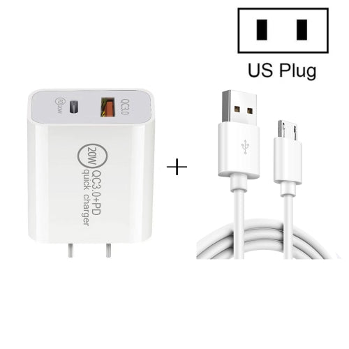 20W PD Type-C + QC 3.0 USB Interface Fast Charging Travel Charger with USB to Micro USB Fast Charge Data Cable US Plug