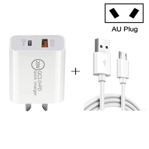 20W PD Type-C + QC 3.0 USB Interface Fast Charging Travel Charger with USB to Micro USB Fast Charge Data Cable AU Plug