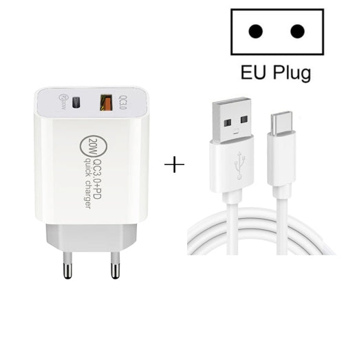 20W PD Type-C + QC 3.0 USB Interface Fast Charging Travel Charger with USB to Type-C Fast Charge Data Cable EU Plug