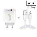 20W PD Type-C + QC 3.0 USB Interface Fast Charging Travel Charger with USB to 8 Pin Fast Charge Data Cable EU Plug
