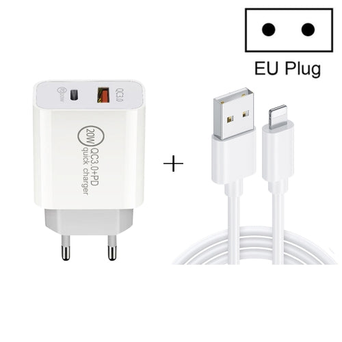 20W PD Type-C + QC 3.0 USB Interface Fast Charging Travel Charger with USB to 8 Pin Fast Charge Data Cable EU Plug