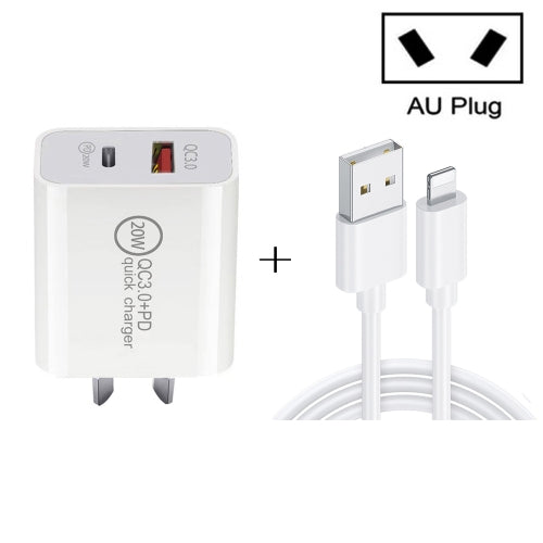 20W PD Type-C + QC 3.0 USB Interface Fast Charging Travel Charger with USB to 8 Pin Fast Charge Data Cable AU Plug