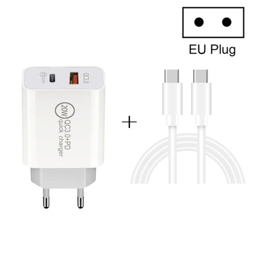 20W PD Type-C + QC 3.0 USB Interface Fast Charging Travel Charger with USB-C / Type-C to Type-C Fast Charge Data Cable EU Plug