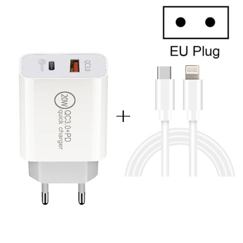 20W PD Type-C + QC 3.0 USB Interface Fast Charging Travel Charger with USB-C / Type-C to 8 Pin Fast Charge Data Cable EU Plug