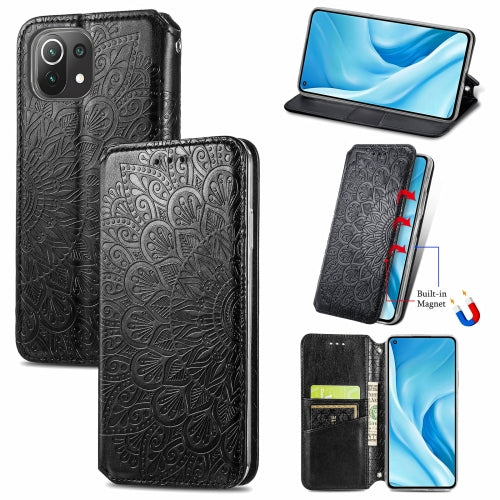 For Xiaomi Mi 11 Lite Blooming Mandala Embossed Pattern Magnetic Horizontal Flip Leather Case with Holder & Card Slots & Wallet(Black)