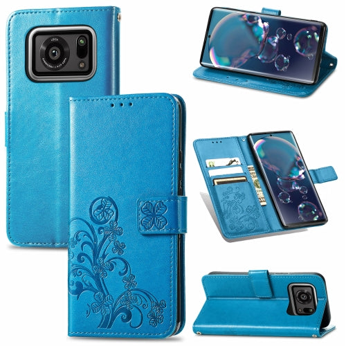 For Sharp R6 Four-leaf Clasp Embossed Buckle Mobile Phone Protection Leather Case with Lanyard & Card Slot & Wallet & Bracket Function(Blue)