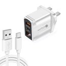 PD001B PD3.0 20W + QC3.0 USB LED Digital Display Fast Charger with USB to Type-C Data Cable, UK Plug(White)