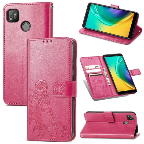 For Tecno POP 4 Four-leaf Clasp Embossed Buckle Mobile Phone Protection Leather Case with Lanyard & Card Slot & Wallet & Bracket Function(Magenta)