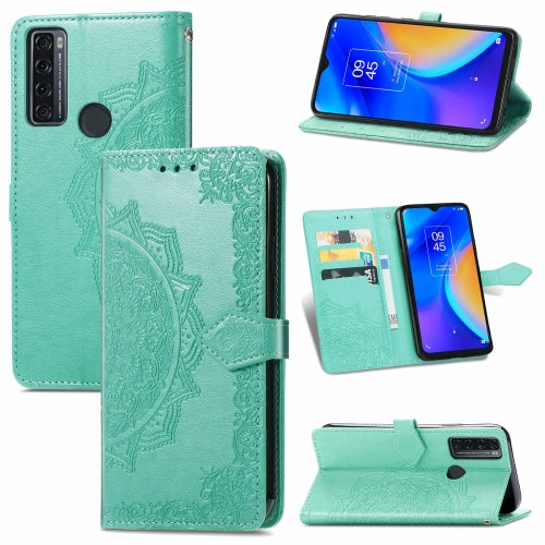 For TCL 20 SE Mandala Flower Embossed Horizontal Flip Leather Case with Bracket / Card Slot / Wallet / Lanyard(Green)
