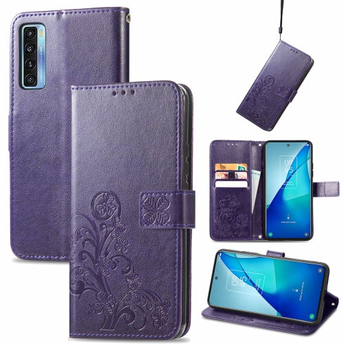 For TCL 20 S Four-leaf Clasp Embossed Buckle Mobile Phone Protection Leather Case with Lanyard & Card Slot & Wallet & Bracket Function(Purple)