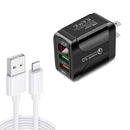 F002C QC3.0 USB + USB 2.0 LED Digital Display Fast Charger with USB to 8 Pin Data Cable, US Plug(Black)
