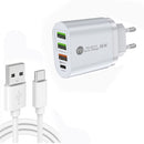 PD002 PD3.0 + QC3.0 3-Port USB Fast Charger with USB to Type-C Data Cable, EU Plug(White)