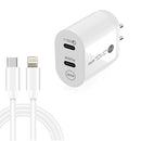 40W Dual Port PD / Type-C Fast Charger with Type-C to 8 Pin Data Cable, US Plug(White)