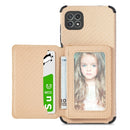 For Samsung Galaxy A22 5G Carbon Fiber Magnetic Card Bag TPU+PU Shockproof Back Cover Case with Holder & Card Slot & Photo Frame(Khaki)