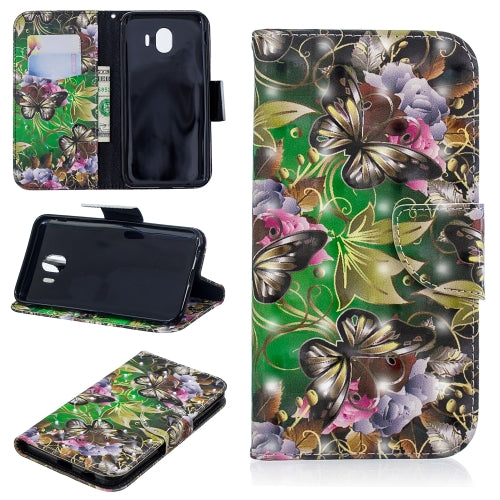 3D Colored Drawing Pattern Horizontal Flip Leather Case for Galaxy J4, with Holder & Card Slots & Wallet(Green Butterfly)
