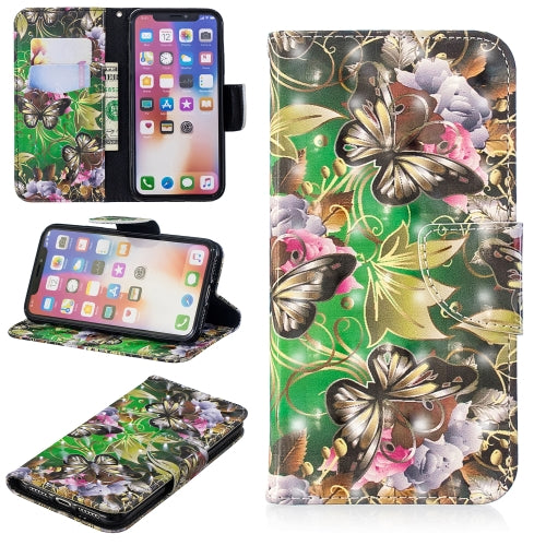 3D Colored Drawing Pattern Horizontal Flip Leather Case for iPhone X & XS, with Holder & Card Slots & Wallet(Green Butterfly)