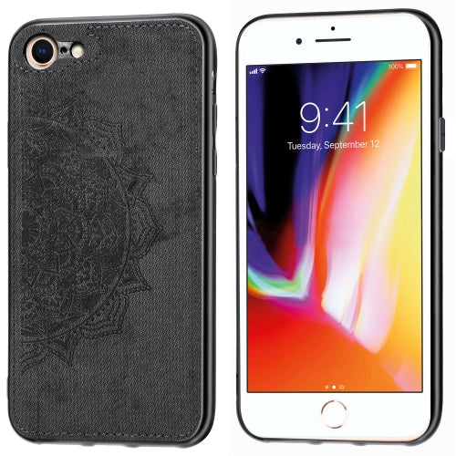 For iPhone SE 2020 & 8 & 7 Embossed Mandala Pattern PC + TPU + Fabric Phone Case with Lanyard & Magnetic(Black)