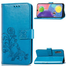 For Galaxy A70s Four-leaf Clasp Embossed Buckle Mobile Phone Protection Leather Case with Lanyard & Card Slot & Wallet & Bracket Function(Blue)