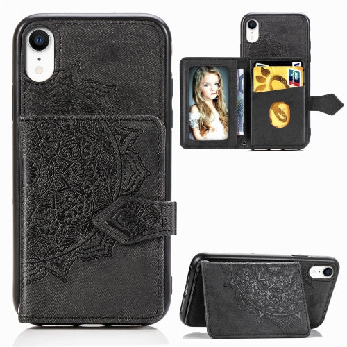 For iPhone XR Mandala Embossed Magnetic Cloth PU + TPU + PC Case with Holder & Card Slots & Wallet & Photo Frame & Strap(Black)