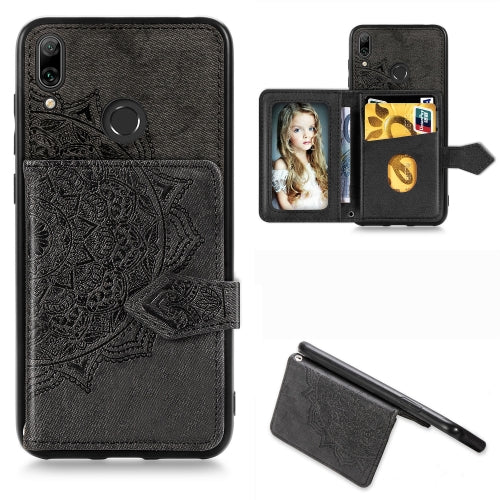 For Huawei Y7 2019 Mandala Embossed Magnetic Cloth PU + TPU + PC Case with Holder & Card Slots & Wallet & Photo Frame & Strap(Black)
