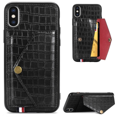 For iPhone XS/X Crocodile Pattern PU+TPU+PVC Shatter-resistant Mobile Phone Case with Magnetic Invisible Holder & Holder & Card Slots(Black)