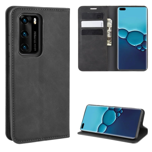 For Huawei P40 Retro-skin Business Magnetic Suction Leather Case with Holder & Card Slots & Wallet(Black)