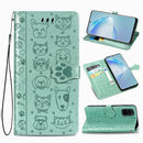 For Galaxy S20 Plus Cute Cat and Dog Embossed Horizontal Flip Leather Case with Bracket / Card Slot / Wallet / Lanyard(Green)