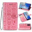 For Galaxy S20 Cute Cat and Dog Embossed Horizontal Flip Leather Case with Bracket / Card Slot / Wallet / Lanyard(Pink)