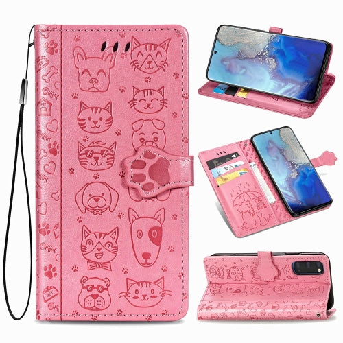 For Galaxy S20 Cute Cat and Dog Embossed Horizontal Flip Leather Case with Bracket / Card Slot / Wallet / Lanyard(Pink)