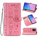 For Galaxy S10 Lite/A91 Cute Cat and Dog Embossed Horizontal Flip Leather Case with Bracket / Card Slot / Wallet / Lanyard(Pink)