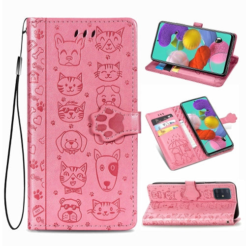 For Galaxy A71 Cute Cat and Dog Embossed Horizontal Flip Leather Case with Bracket / Card Slot / Wallet / Lanyard(Pink)